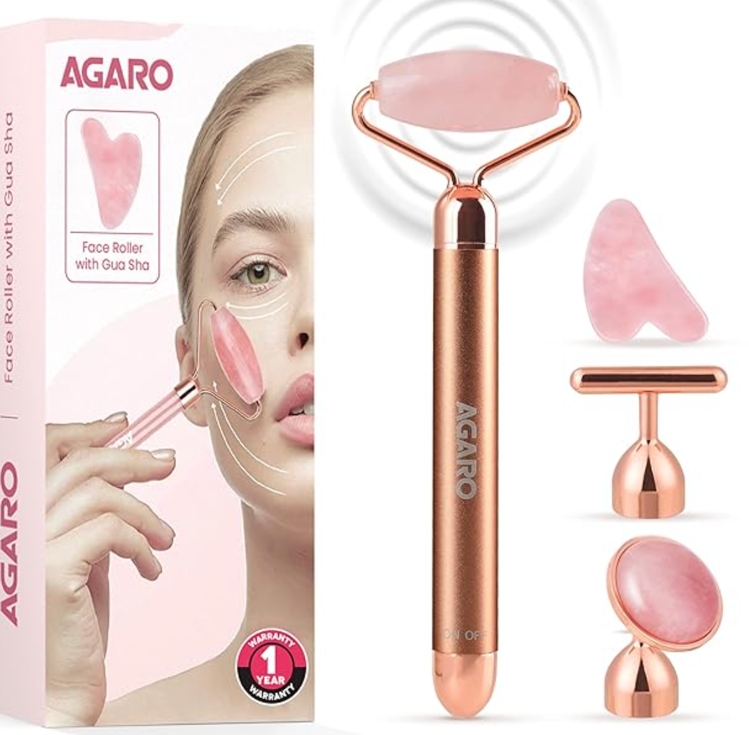 AGARO 4-In-1 Electric Rose Quartz Face Roller With Gua Sha, Jade Roller, Facial Roller Kit for Face, Eye, Neck, Anti-Aging Facial Massager for Anti-Wrinkles, Skin Firming and Lifting (Rose Gold)