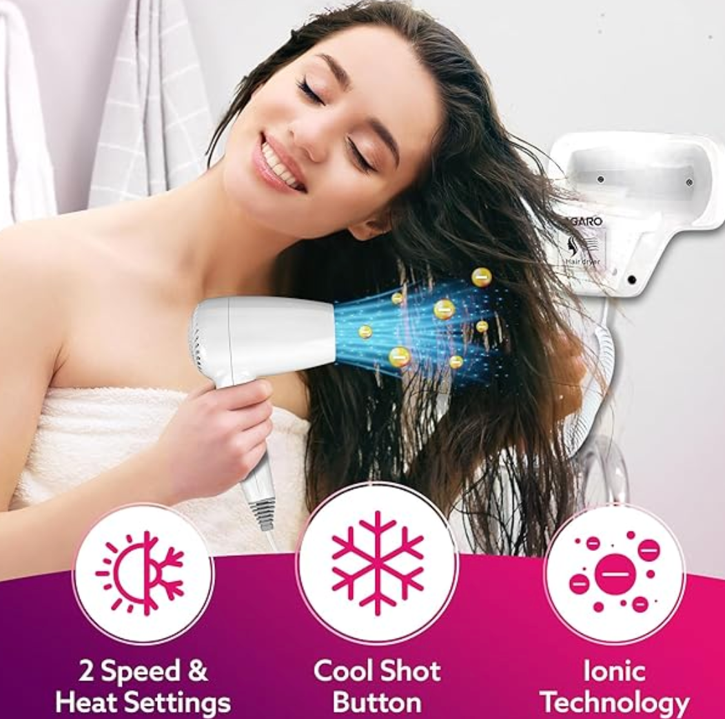 AGARO HD1417 Wall Mounted Hair Dryer 1400W, Electric Wall Mount Hair Dryer, Hotel, Bathroom, Household, Wall Hanging Dryer, White