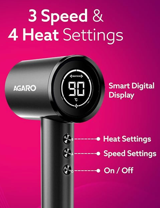 AGARO HD3240 Hair Dryer, Brushless 1600W Motor, 3 Speed & 4 temperature settings, Ionic Technology, Fast Drying High-Speed Low Noise Hairdryer with Magnetic Nozzle & Diffuser