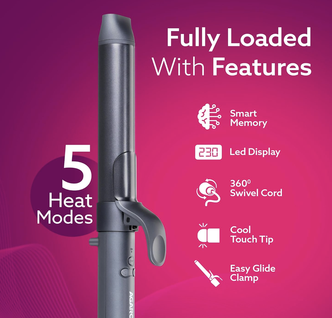 AGARO Prima Rotating Hair Curler, 32 mm Ceramic coated barrel, Automatic Curling, Fast Heating, Ceramic Coated Titanium Barrel for Long/Medium Hair, Professional Self Curling Hair Styler, For Women, Black