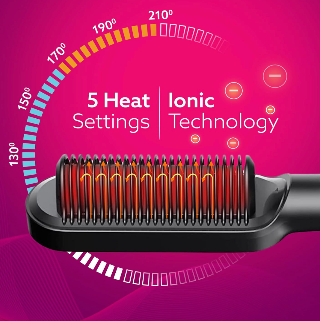 AGARO Hair Straightening Brush, Hair Straightening Comb For Women, Fast Heating, Ionic Care, 5 Heat Settings, Hair Straightener, Hot Brush, Gives Naturally Straight Hair in 5 Mins, Black, HSB2107