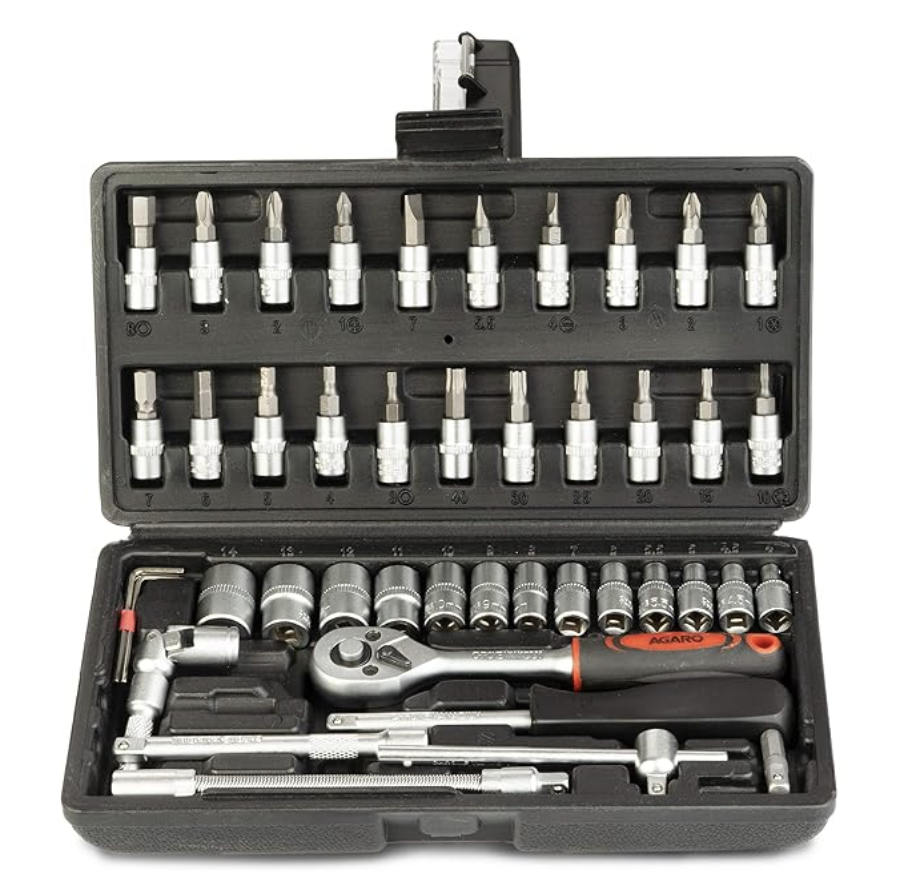AGARO 46pcs Professional 1/4'' Square Drive Metric Socket Set, Black, Hex
