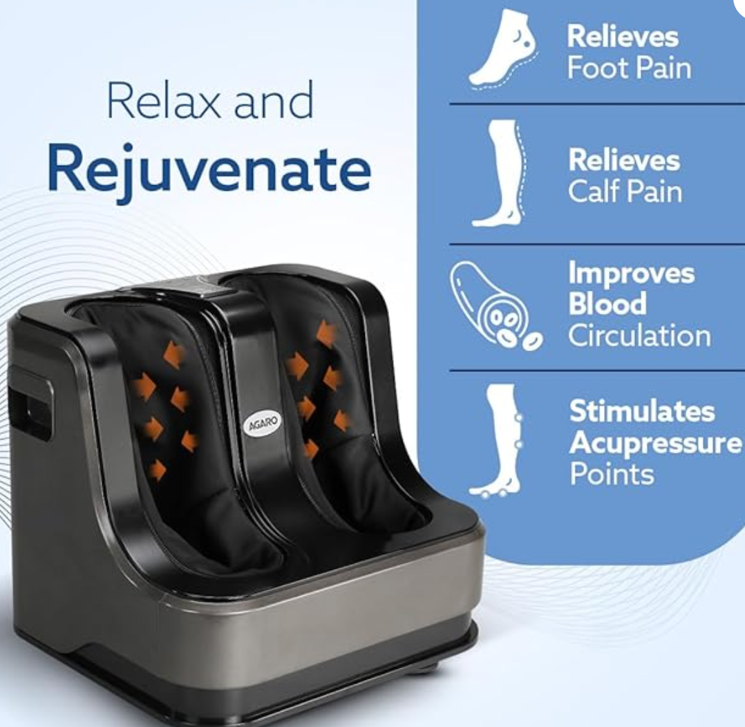 AGARO Rejoice Foot, Calf and Leg Massager with Lukewarm Heating and Vibration, 80W, 4 Motors, Rolling & Kneading Functions for Pain Relief & Improving Blood Circulation (Grey)
