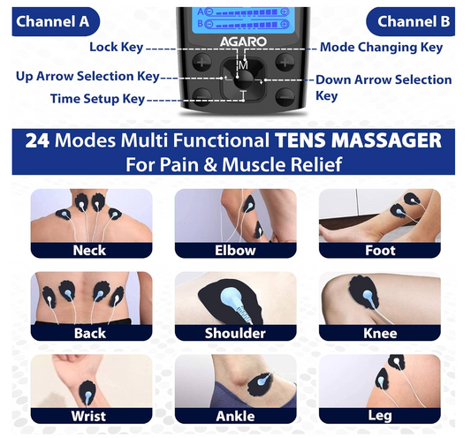 AGARO Dual Channel TENS Massager TM2421 24 Modes, 20 Intensity Levels, Rechargeable, Muscle/Nerve Stimulator for Pain Relief Therapy, Physiotherapy Machine, 10 Gel Pads, Period Pain, Pulse Massager
