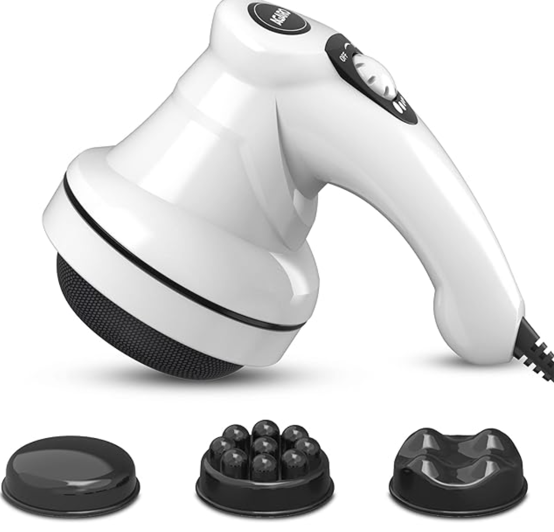 AGARO एटम इलेक्ट्रिक हैंडहेल्ड फुल बॉडी मसाजर 3 मसाज हेड्स के साथ, मेश कवर, दर्द से राहत और आराम के लिए परिवर्तनीय गति सेटिंग्स, पीठ, पैर और पैर, सफ़ेद