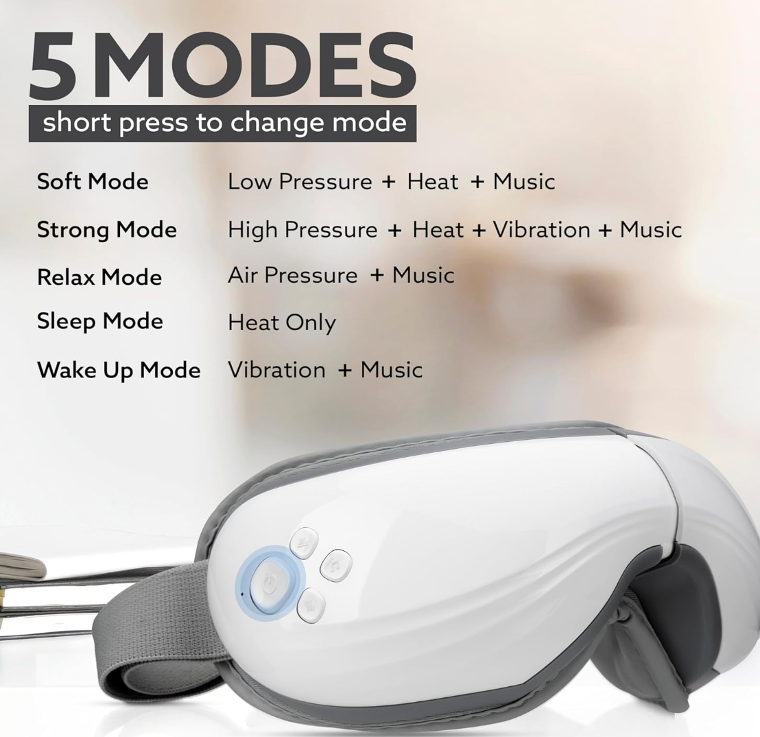 AGARO Supreme Eye Massager with Lukewarm Heat, Relax, Reduce Eye Strain, Relief from Stress, Air Compression Massage, 180° Foldable, 5 Modes, Bluetooth Music, Improves Sleep