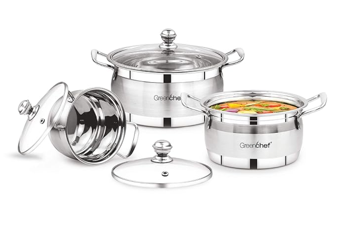 GREENCHEF ஸ்டெயின்லெஸ் ஸ்டீல் குக் அண்ட் சர்வ் செட் (வெள்ளி)