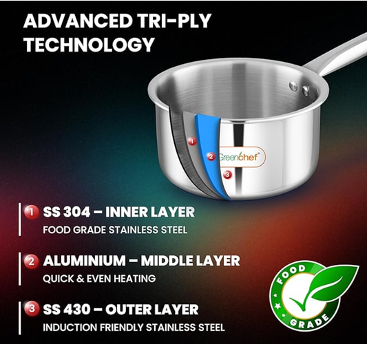ग्रीनशेफ एसएस ट्राई प्लाई स्टील क्रेस्ट - सॉस पैन 14 सेमी, स्टेनलेस स्टील बाहरी सतह, एर्गोनोमिक हैंडल, इंडक्शन कम्पैटिबल, स्क्रैच रेसिस्टेंट, 5 साल की वारंटी