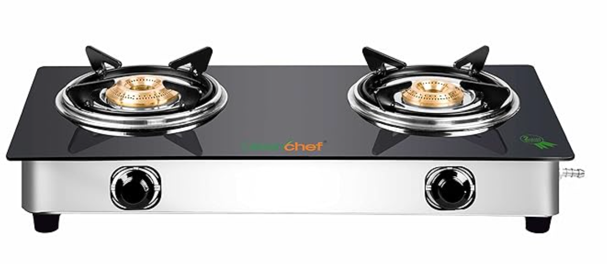ग्रीनशेफ लोकप्रिय ग्लास कुक टॉप 2 बर्नर गैस स्टोव, स्टेनलेस स्टील बॉडी, एलपीजी के साथ संगत, दो बर्नर स्पिल प्रूफ ट्रे, मजबूत 6 एमएम ग्लास, बैकलाइट नॉब्स (मैनुअल इग्निशन)