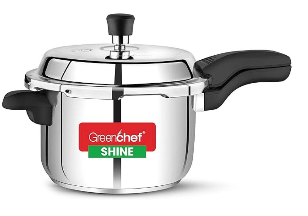 ग्रीनशेफ शाइन बाहरी ढक्कन स्टेनलेस स्टील प्रेशर कुकर 5 लीटर इंडक्शन और गैस स्टोव संगत - आईएसआई प्रमाणित