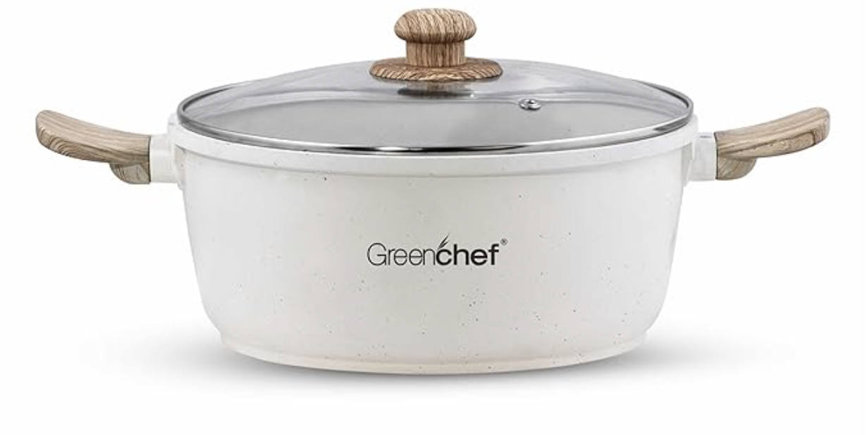 ग्रीनशेफ पेबल ग्रेनाइट नॉन स्टिक कैसरोल ग्लास ढक्कन के साथ, 4 लीटर/24 सेमी, कास्ट एल्युमीनियम बॉडी, स्टू पॉट, बिरयानी पॉट, राइस पॉट, भारी तली, PFOA मुक्त।