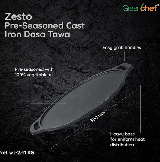 ग्रीनशेफ प्री-सीज़न्ड कास्ट आयरन ज़ेस्टो दोसा तवा 30 सेमी | 100% वनस्पति तेल में प्री-सीज़न्ड | प्राकृतिक रूप से नॉन-स्टिक | उच्च दबाव कास्टिंग | उच्च शक्ति | पुराने ज़माने का स्वाद वापस लाएँ | विष-मुक्त