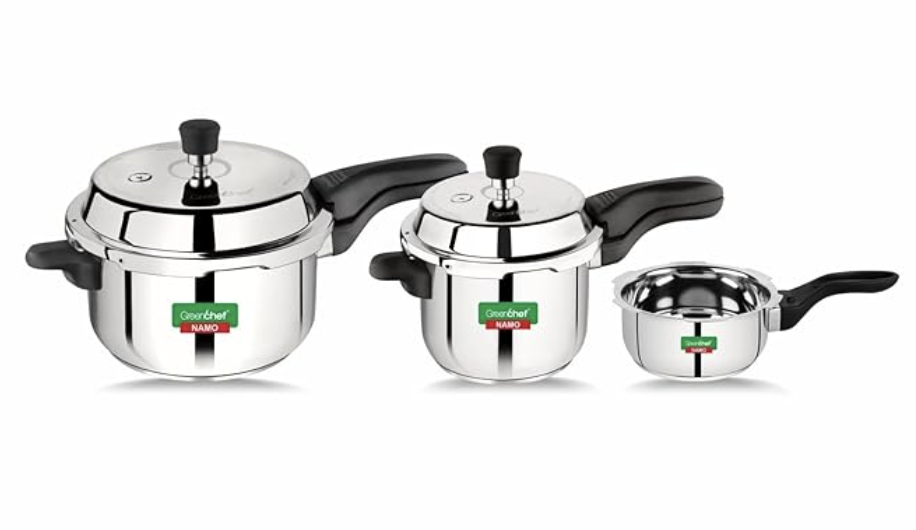 கிரீன்செஃப் புதிய வெளியீட்டு ஸ்டெய்ன்லெஸ் ஸ்டீல் பிரஷர் குக்கர் நமோ காம்போ (5லி+3லி+2லி) 5 லி, 3 லி, 2 லி வெளிப்புற மூடி இண்டக்ஷன் பாட்டம் பிரஷர் குக்கர் & பிரஷர் பான்.