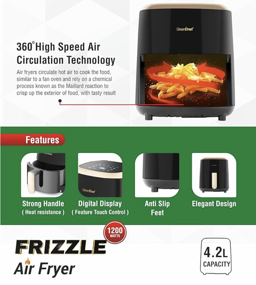 Greenchef Digital Air Fryer Frizzle with Touch Panel, uses up to 90% less fat, 8 Pre-set Menu, 1200W, 4.2 Liter (Black), Large