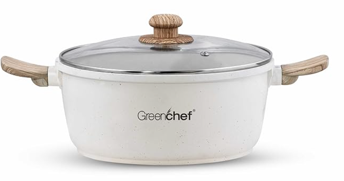 கிரீன்செஃப் பெப்பிள் கிரானைட் நான் ஸ்டிக் கேசரோல், கண்ணாடி மூடியுடன், 3 லிட்டர்/22 செ.மீ., வார்ப்பு அலுமினிய உடல், ஸ்டியூ பானை, பிரியாணி பானை, அரிசி பானை, கனமான அடிப்பகுதி, PFOA இலவசம்.