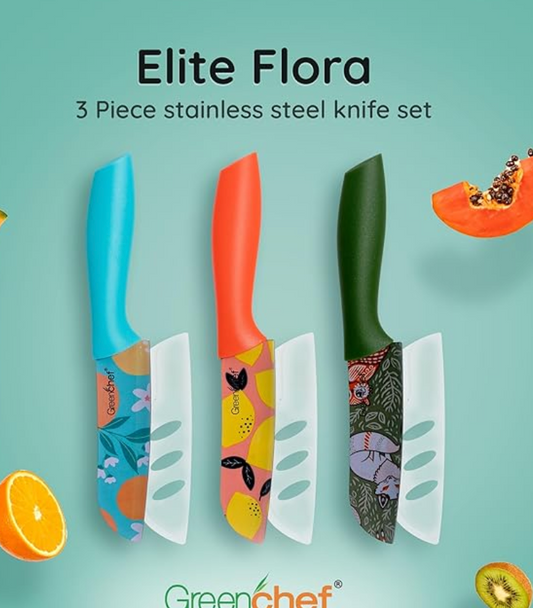ग्रीनशेफ स्टेनलेस स्टील चाकू 3 पीस सेट - एलीट फ्लोरा
