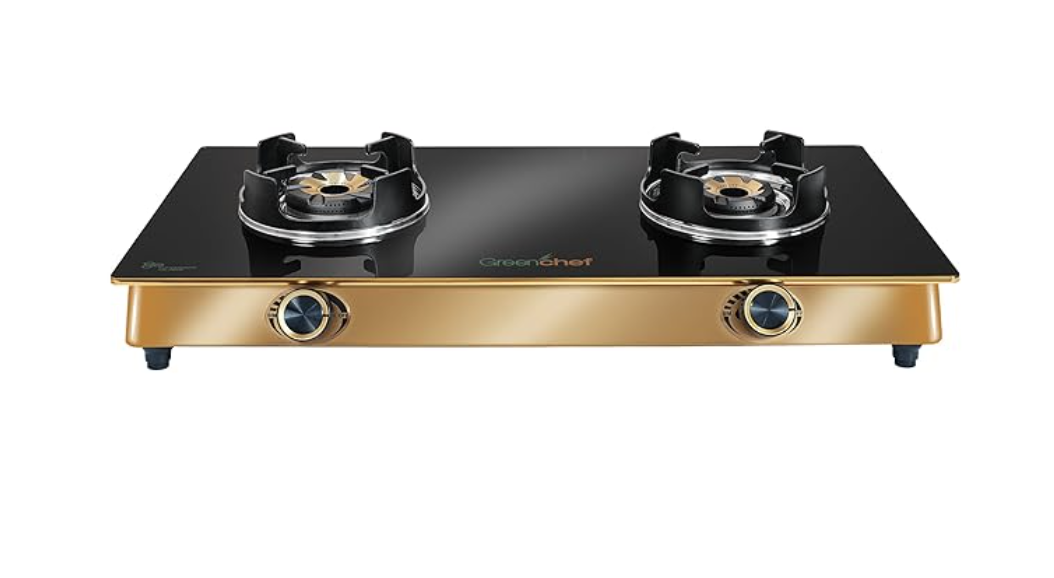 Greenchef Glasstop Double Burner Gas stove - Magnum Gold, typhoon Burners, toughened glass top, Spill free pan support with aluminium knobs