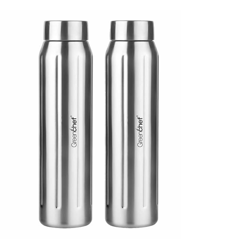 Greenchef Storm Stainless Steel 1000 ml Water Bottle (Single Wall | Not Hot and Cold, Silver, Steel, Pack of 2)