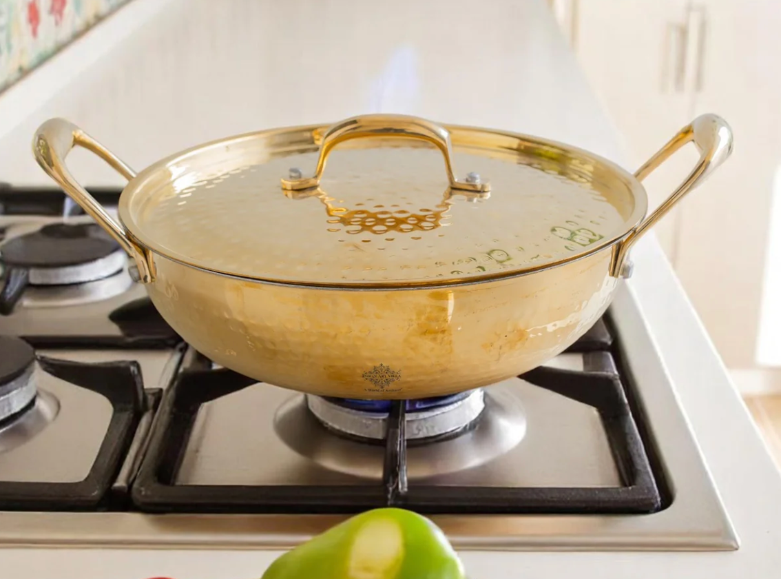 Pure Brass Kadhai with Lid – Traditional Handcrafted Indian Cooking Vessel