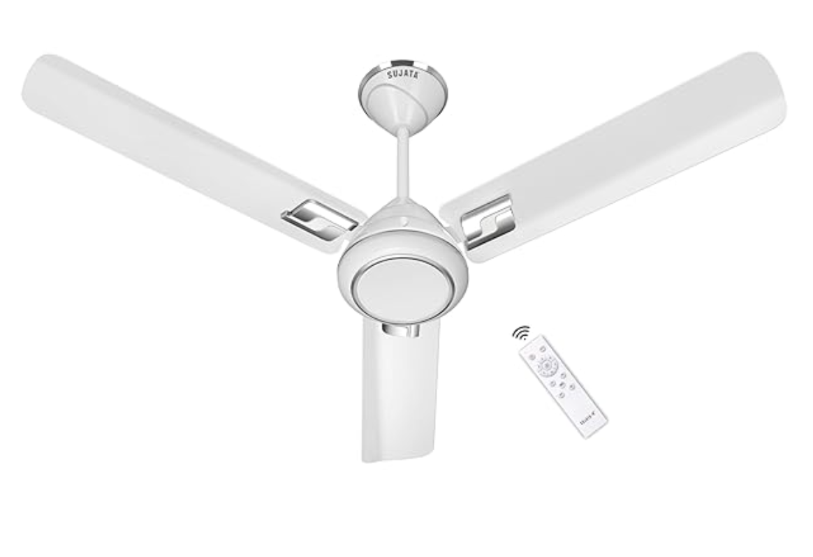 Sujata BLDC Fan | 3-Year Warranty | Ceiling Fan for Living Room/Bedroom with Remote Control, Powerful airflow, BEE Star Rated, Decorative ceiling fan (White Chrome - Kinetica)