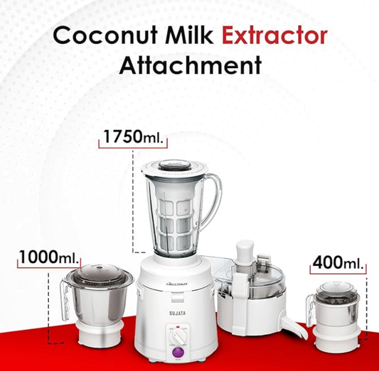 Sujata Multimix 900 Watts Mixer Grinder with Juicer | 22000 Rotations Per Min | 90 Minutes Continuous Running | 3 Versatile Jars 1750 ml, 1000 ml and 400 ml | Coconut milk extractor attachment