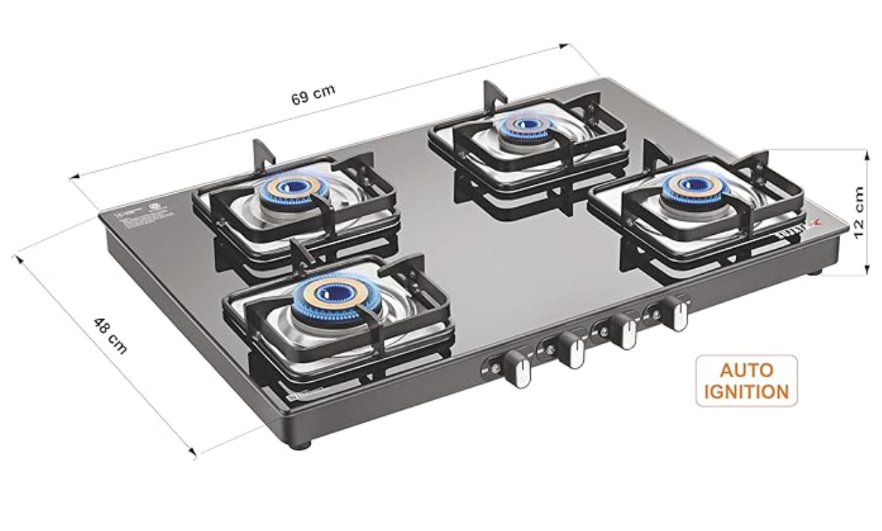 Sujata Classic AI Gas Stove | 9 Years Warranty | 4 Burner Gas Stove Glass Top, Auto Ignition, SABAF, ISI Certified, LPG & PNG Compatible, Jumbo Brass Burner (Black)