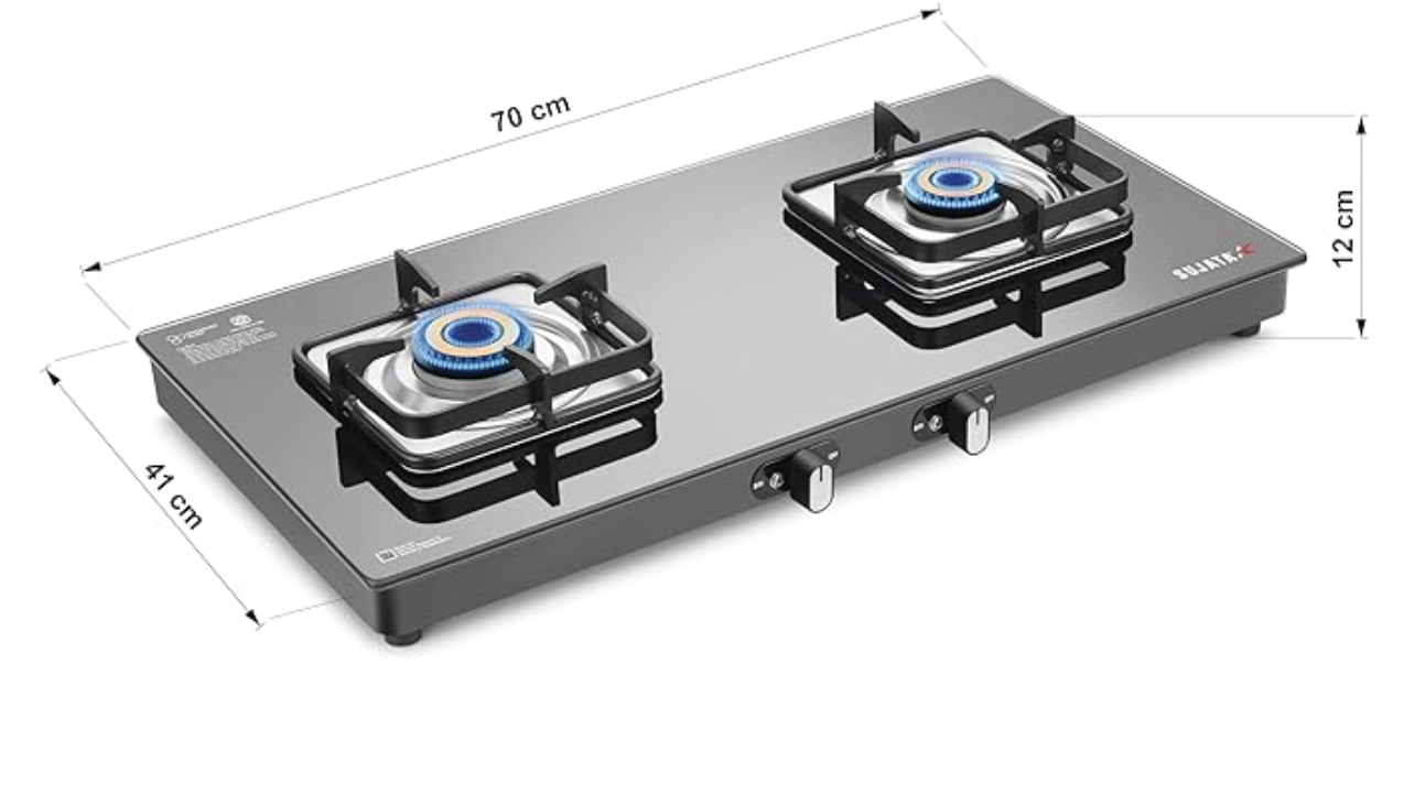 Sujata Classic Gas Stove | 9 Years Warranty | Stove 2 Burner, 2 Burner Gas Stove Glass Top, SABAF, ISI Certified, Hob, LPG & PNG Compatible, Brass Burner (Black)