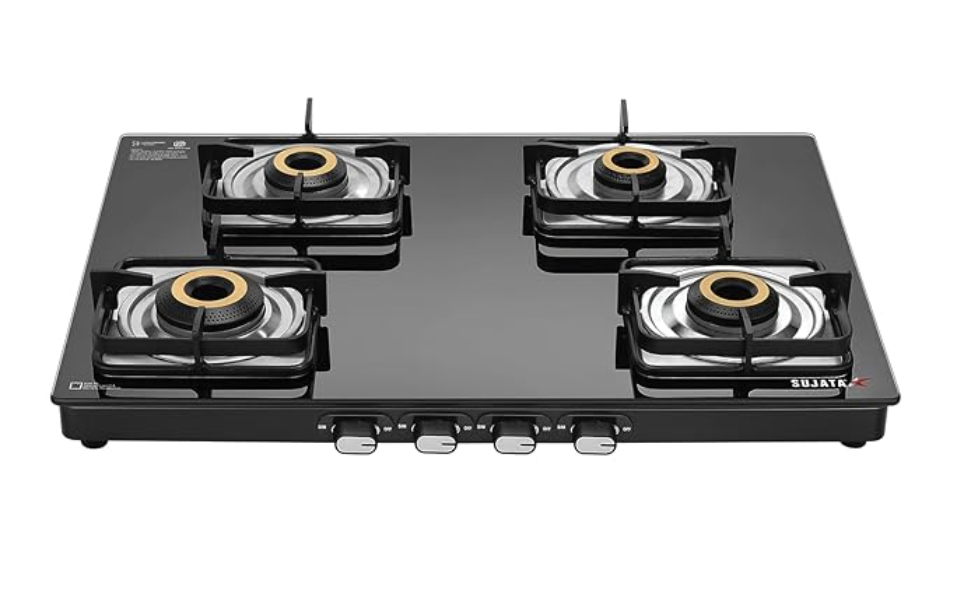 Sujata Classic Gas Stove | 9 Years Warranty | 4 Burner Gas Stove Glass Top, SABAF, ISI Certified, Hob Top Stoves, LPG & PNG Compatible, Jumbo Brass Burner (Black)