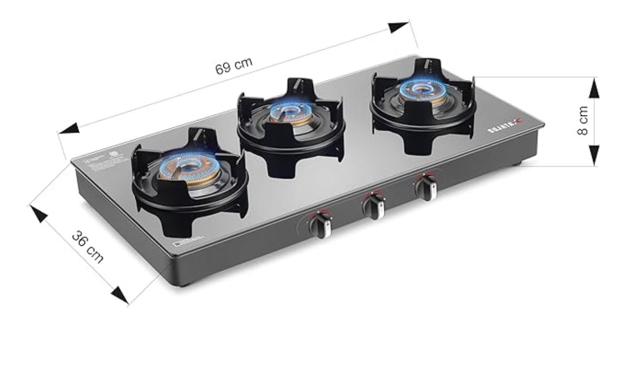 सुजाता डीलक्स गैस स्टोव | 9 साल की वारंटी | 3 बर्नर गैस स्टोव ग्लास टॉप, स्टोव 3 बर्नर, मैनुअल इग्निशन, SABAF, ISI प्रमाणित, हॉब टॉप, LPG और PNG कम्पैटिबल, जंबो ब्रास बर्नर (काला)