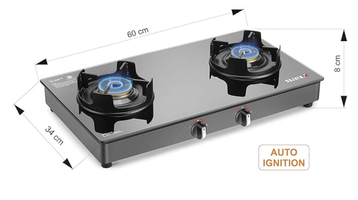 सुजाता डीलक्स गैस स्टोव | 9 साल की वारंटी | स्टोव 2 बर्नर, ऑटो इग्निशन, SABAF, ISI प्रमाणित, ग्लास टॉप, LPG और PNG कम्पैटिबल, पीतल बर्नर (काला)