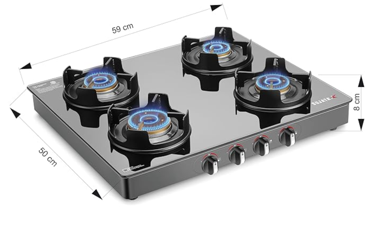 सुजाता डीलक्स गैस स्टोव | 9 साल की वारंटी | 4 बर्नर गैस स्टोव ग्लास टॉप, स्टोव 4 बर्नर, मैनुअल इग्निशन, SABAF, ISI प्रमाणित, हॉब टॉप, LPG और PNG कम्पैटिबल, जंबो ब्रास बर्नर (काला)