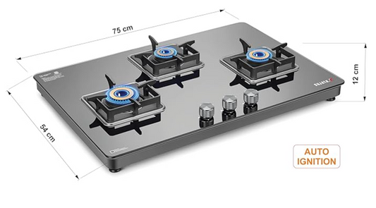 सुजाता प्रीमियम AI गैस स्टोव | 9 साल की वारंटी | गैस स्टोव 3 बर्नर ग्लास टॉप ऑटो इग्निशन, SABAF, ISI प्रमाणित, LPG और PNG कम्पैटिबल, 360° घूमने वाला पीतल गैस नोजल, जंबो पीतल बर्नर (काला)