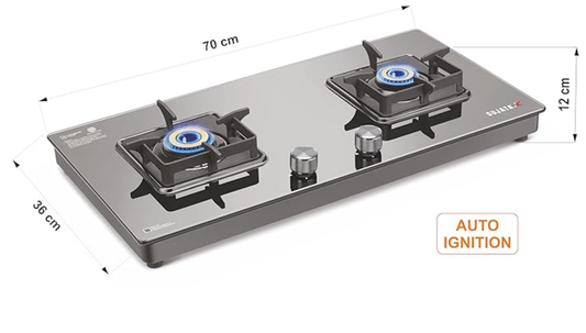 सुजाता प्रीमियम AI गैस स्टोव | 9 साल की वारंटी | गैस स्टोव 2 बर्नर ग्लास टॉप ऑटो इग्निशन, SABAF, ISI प्रमाणित, LPG और PNG कम्पैटिबल, 360° घूमने वाला पीतल गैस नोजल, जंबो पीतल बर्नर (काला)