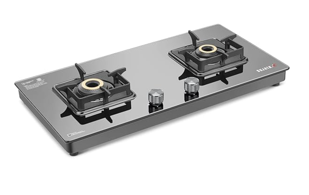 सुजाता प्रीमियम गैस स्टोव | 9 साल की वारंटी | 2 बर्नर गैस स्टोव, 2 बर्नर गैस स्टोव ग्लास टॉप, SABAF, ISI प्रमाणित, LPG और PNG कम्पैटिबल, 360° घूमने वाला पीतल गैस नोजल, पीतल बर्नर (काला)