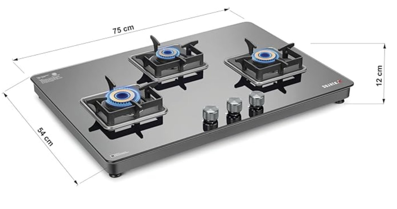 Sujata Premium Gas Stove | 9 Years Warranty | 3 Burner Gas Stove Glass Top, SABAF, ISI Certified, LPG & PNG Compatible, 360° Rotating Brass Gas Nozzle, Jumbo Brass Burner (Black)