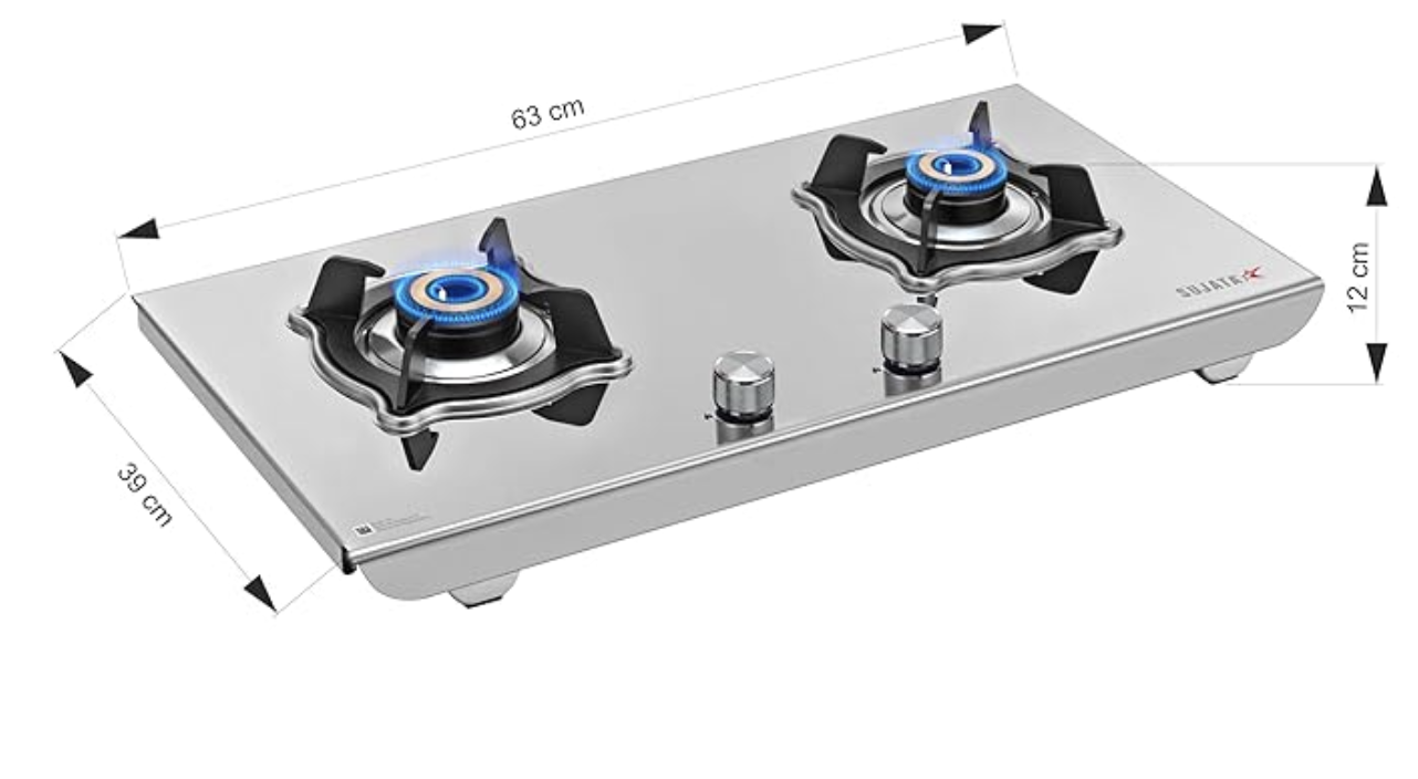Sujata Gas Stove | 9 Years Warranty, ISI Certified | Gas Stove 2 Burners Steel Auto Ignition, LPG Ready & PNG Compatible, SABAF, 360° Rotating Brass Gas Nozzle, Brass Burner (Robusto)