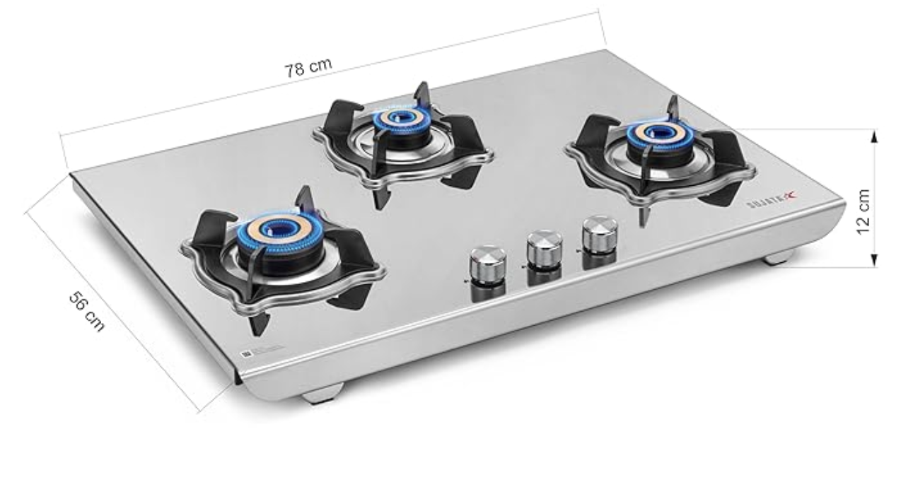 Sujata Gas Stove 3 Burners | 9 Years Warranty, ISI Certified | 3 Burner Gas Stove Stainless Steel Auto Ignition, LPG Ready & PNG Compatible, SABAF, 360° Rotating Nozzle, Jumbo Brass Burner (Robusto)