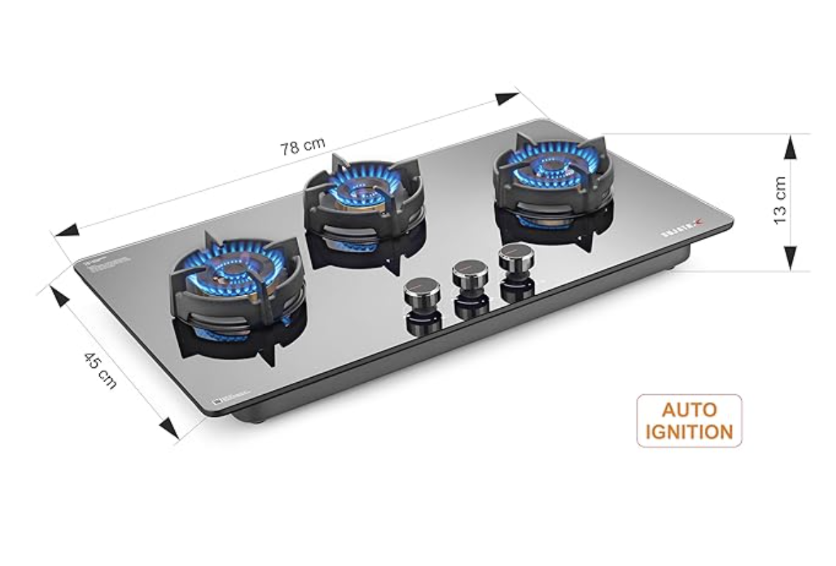 சுஜாதா ஹாப் டாப் 3 பர்னர் ஆட்டோ இக்னிஷன் | 5 வருட உத்தரவாதம் | 3 பர்னர் கேஸ் ஸ்டவ் கிளாஸ் டாப், 3 பர்னர், ஹாப் கேஸ் ஸ்டவ், பித்தளை பர்னர் (பிளாட்டினம்- FFD AI)