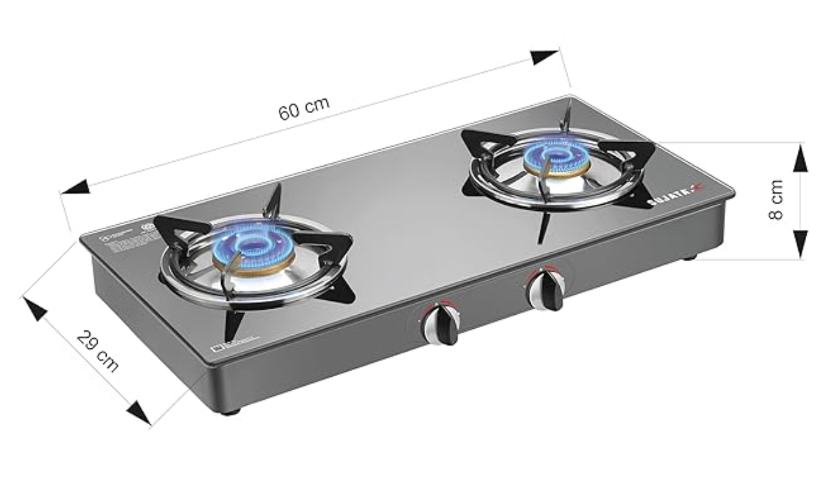 Sujata Gas Stove 2 Burners | 9 Years Warranty | Stove 2 Burner, 2 Burner Gas Stove, Glass Top, ISI Certified, SABAF Valve, LPG & PNG Compatible, 360° Nozzle (Standard - Black)