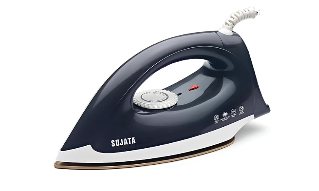 சுஜாதா ஸ்மூத் ஸ்லைடு 1100 வாட்ஸ், ஸ்டெயின்லெஸ் ஸ்டீல் உலர் இரும்பு | அதிக வெப்ப பாதுகாப்பு வெப்ப உருகி | அமெரிக்கன் ஹெரிடேஜ் டபுள் கோட் நான்-ஸ்டிக் | தந்திரமான பகுதிகளுக்காக வடிவமைக்கப்பட்டது