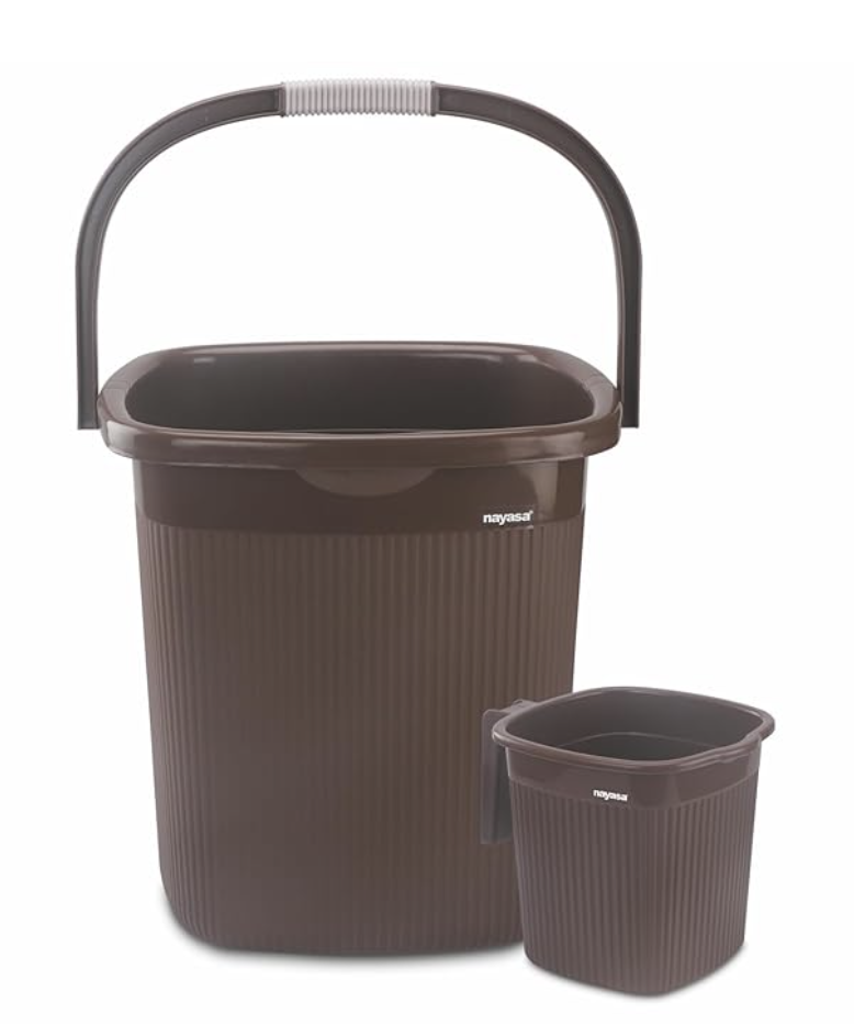 Nayasa Rimmy Plastic Bucket Set for Bathroom | Bucket and Mug (25 Liters & 1.5 Liters) | Bathroom Set of 2 | Bathroom Accessories Set | Bathroom Bucket Set | Dark Brown