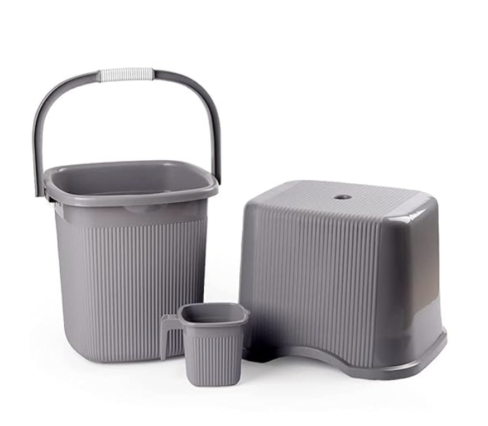 Nayasa Strong Plastic Rimmy Bucket Mug Stool Bathroom Set of 3 for Kitchen & Bathroom (SH) (Grey, 18 Liter(Small))