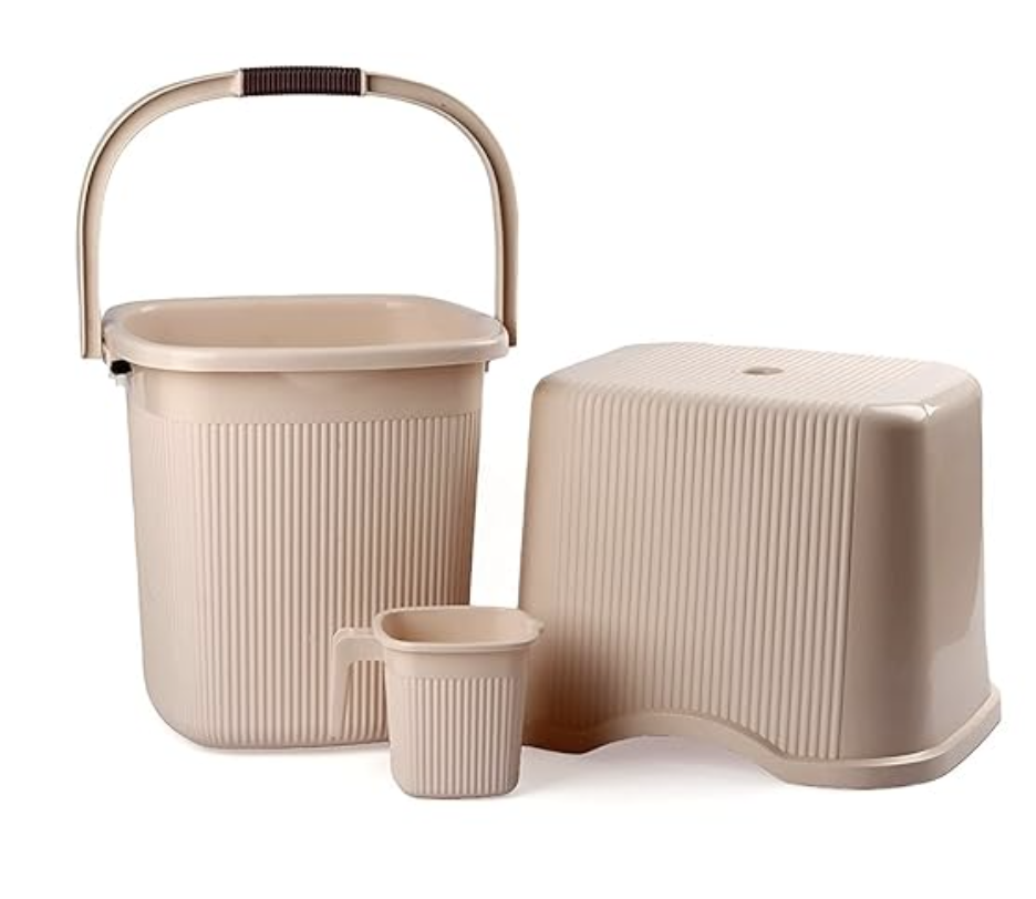 Nayasa Strong Plastic Rimmy Bucket Mug Stool Bathroom Set of 3 for Kitchen & Bathroom (SH) (Ivory, 18 Liter(Small))