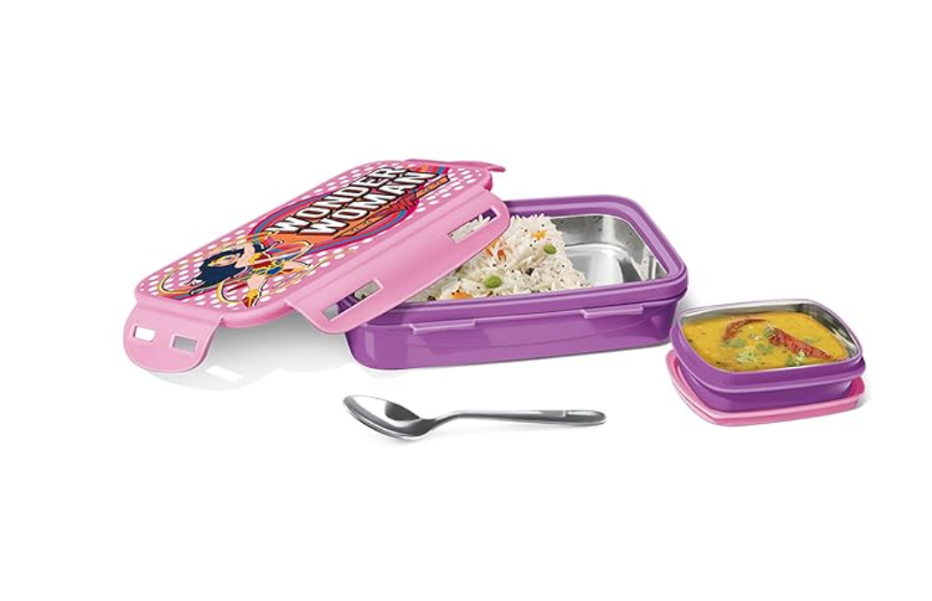 MILTON Steely Prime Insulated Inner Stainless Steel Small Tiffin Box, 400 ml, with Inner Container, 80 ml and Spoon, Purple | Food Grade | Easy to Carry | Easy to Clean | Leak Proof | Kids Lunch Box