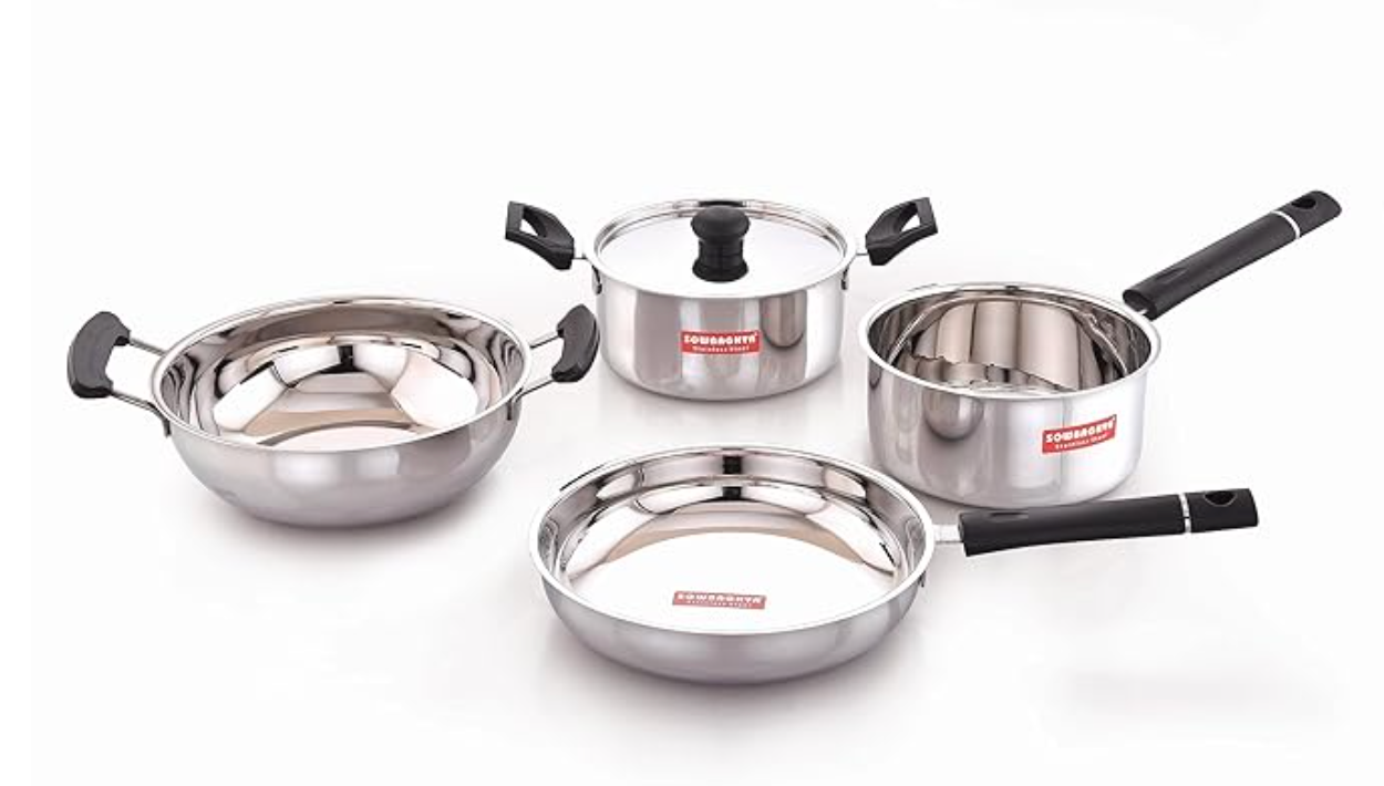 Sowbaghya Stainless Steel 5Pcs Ultima Gift Set - ISS26 (Sauce pan, Dutch Oven with lid, Kadai and Fry pan) 1.5Ltrs