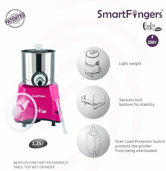 Smart Fingers Comfort Plus Mini Magic Table Top Wet Grinder 230V 50hz, 1.25 Liter, Pink