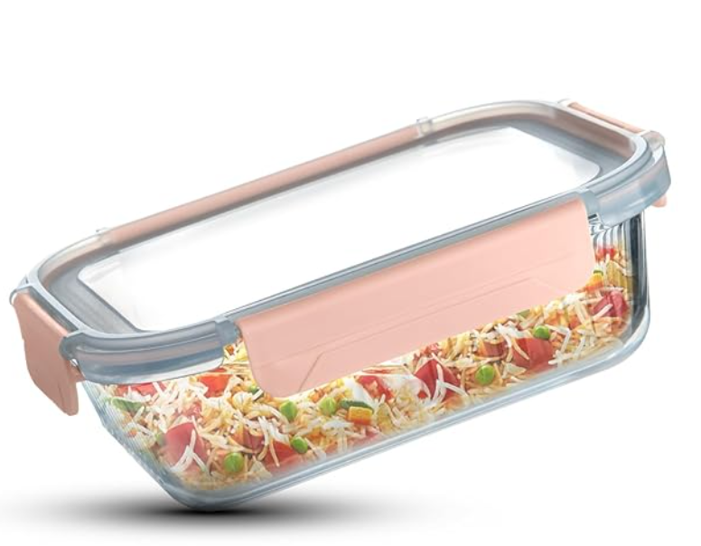 BERGNER Smart Lock Borosilicate Rectangular 1.5 L Food Container for Kitchen/Tiffin, Air-Tight Lid with Locking Tabs, Space Saving, Stackable, Microwave & Oven Safe, Food Safe, Dishwasher Safe, Pink