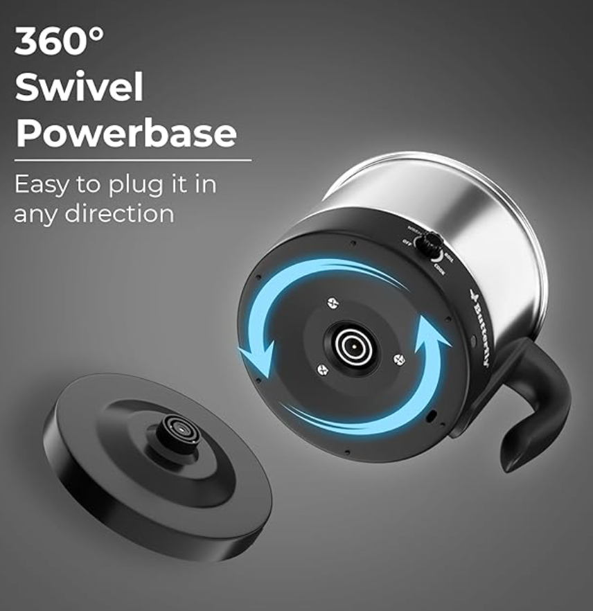 Butterfly Matchless Stainless Steel Multi Kettle 1.2 Litre | With Egg Rack, SS Stand | 600 Watts | For Hot Water, Tea, Coffee, Noodles, Egg Boiling, Soup | Dry Boil Protection | Silver