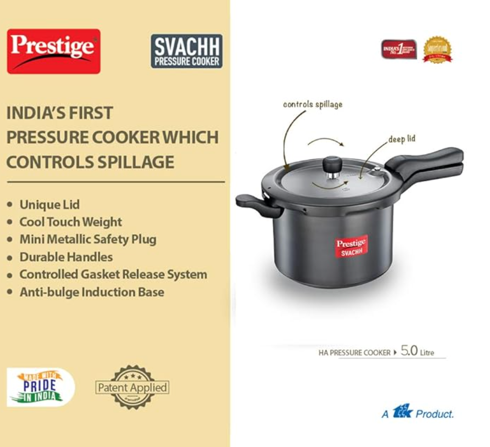 Prestige 5 Litres Svachh Induction Base Outer Lid Hard Anodized Pressure Cooker | Deep lid Spillage Control | Black | Anti-Bulge Base | Controlled Gasket Release System | Cool Touch Weight