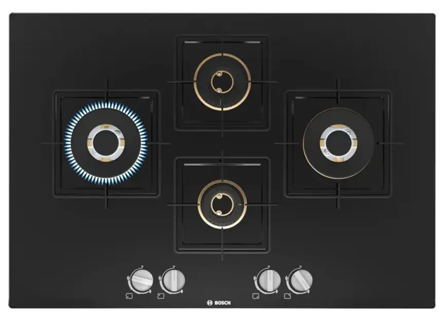 BOSCH Built in Series 6 Gas hob 75 cm Tempered glass, Brass Burner PNI7B6F10I Glass Automatic Hob (4 Burners)